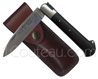 Couteau r�gional: YSSINGEAUX - Coutellerie Au Sabot - lame acier inox 12C27 - 1 mitre en inox bross�  Manche EBENE - ressort et mouche acier inoxydable forg� guilloch� main  livr&eacute; avec &eacute;tui cuir marron port horizontal et vertical 