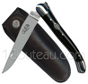 Eddy Mitchell pocket knife with his leather black case  black tip horn handle - - 2 bright stainless steel bolsters and 2 crimped turquoise pearls 