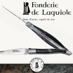 Fonderie de Laguiole FISH: Knife Legende 1212 - Black Acrylic handle with 2 inclusions of artificial flies with fish hooks - stainless blade 12C27 - hand guilloched spring - FORGED FISH bee hand cut and chiseled 