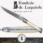 Fonderie de Laguiole TETE DE SANGLIER: Couteau Legende 1212 manche Os - lame acier inox 14C28 - ressort guilloch� main - mouche motif TETE DE SANGLIER FORGÉE taill�e et cisel�e main 