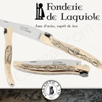 Fonderie de Laguiole: Knife Exception Pilgrim - stainless blade 12C27 SANDVIK - full Bronze handle - guilloched spring - FORGED bee in form of Saint Jacques shell hand cut and engraved 